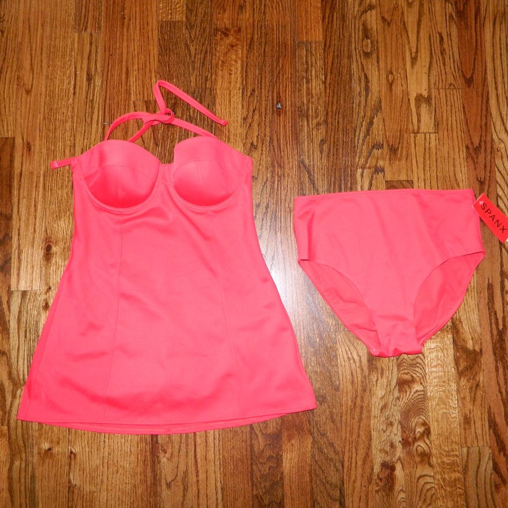 SPANX Coral Pink Strapless Tankini Swim Dress with High-Waist Briefs